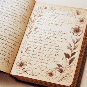 An open book with flowers and leaves and with English words