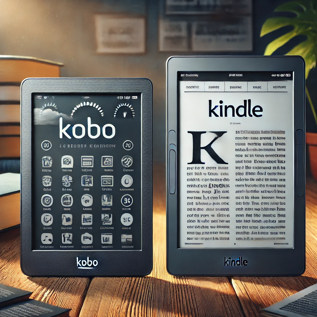 plaatje van een epubs- (kobo) en een Mobi (kindle} e-reader